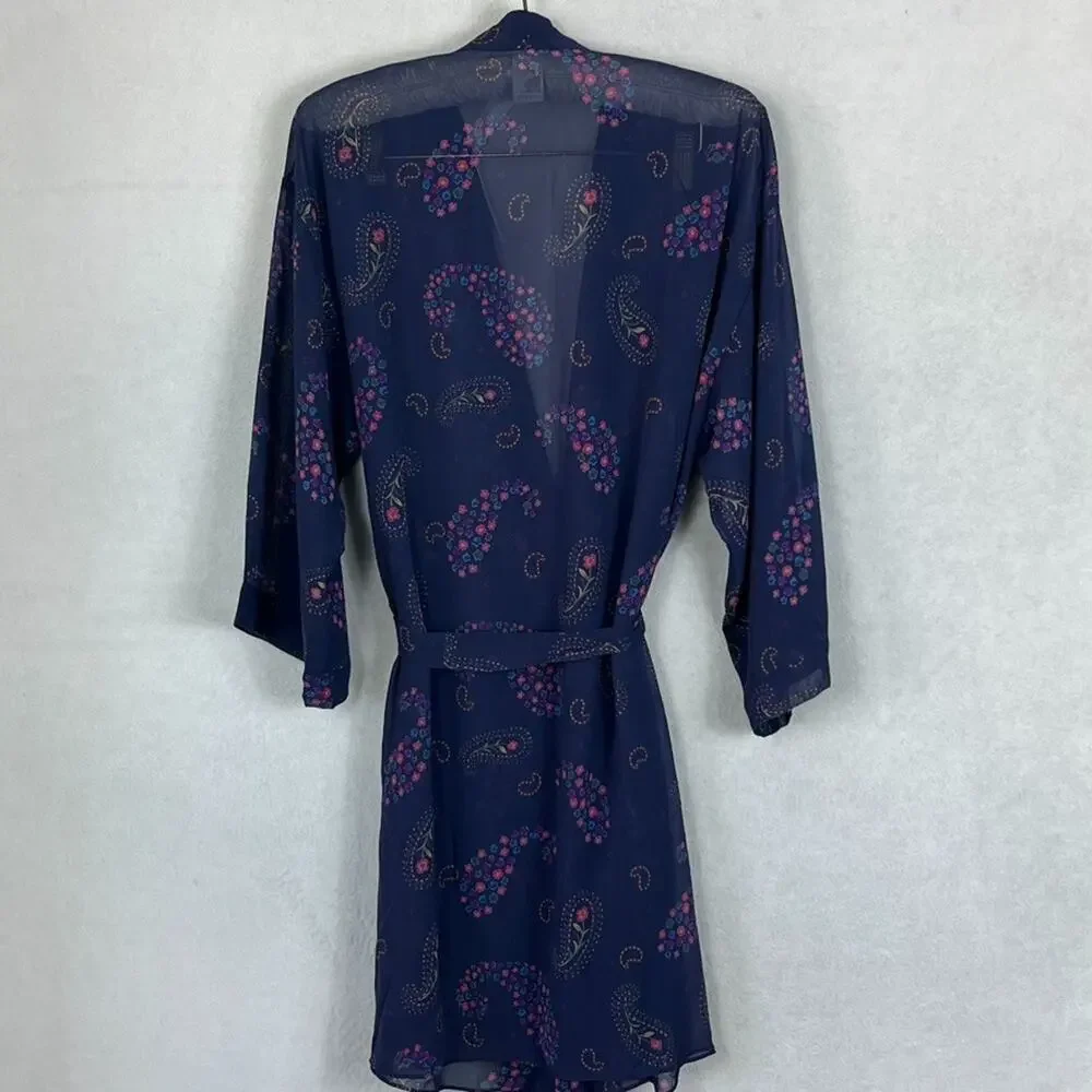 Josie Natori Cover Up Robe Women's Size Medium Tie Sheer Chiffon Purple Paisley